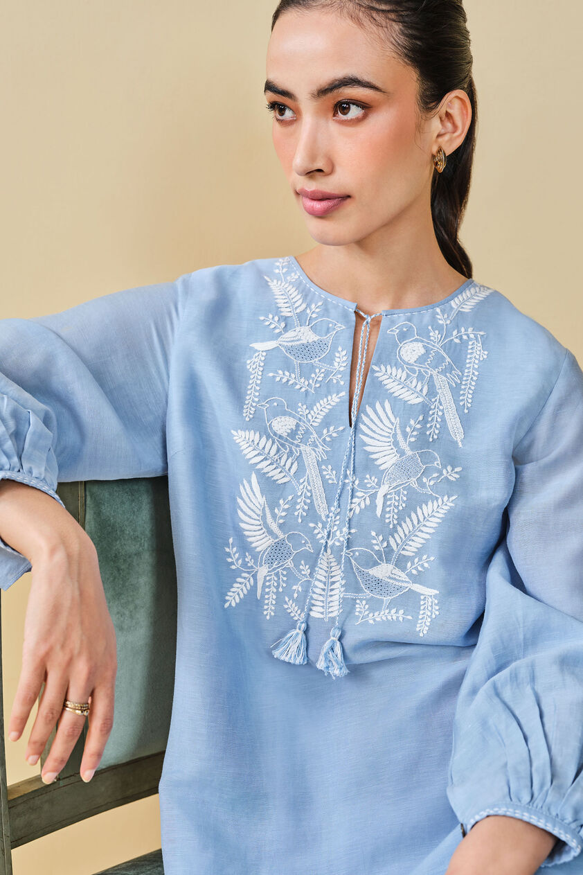 Cloud Sky Hand-embroidered Chikankari Linen Co-ord - Blue, Blue, image 5